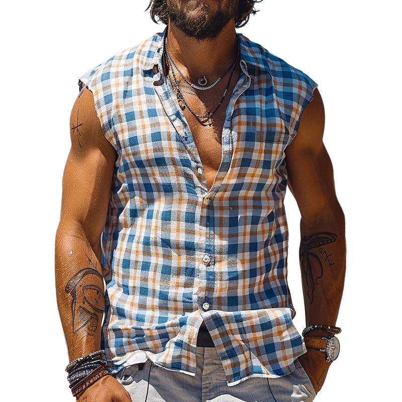 Heren Casual Aquaman Geruit Mouwloos Tanktop Met Reverskraag 07741703TO