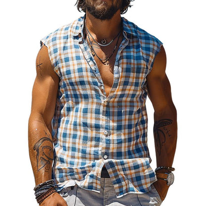 Heren Casual Aquaman Geruit Mouwloos Tanktop Met Reverskraag 07741703TO