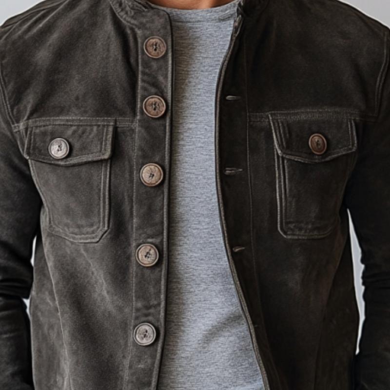 Herren Vintage Wildlederjacke mit Stehkragen und einreihigem Verschluss