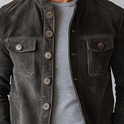 Herren Vintage Wildlederjacke mit Stehkragen und einreihigem Verschluss