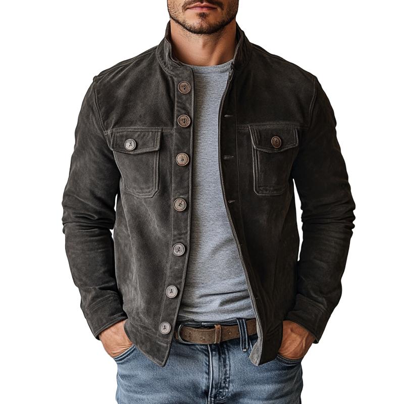 Herren Vintage Wildlederjacke mit Stehkragen und einreihigem Verschluss
