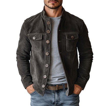 Herren Vintage Wildlederjacke mit Stehkragen und einreihigem Verschluss