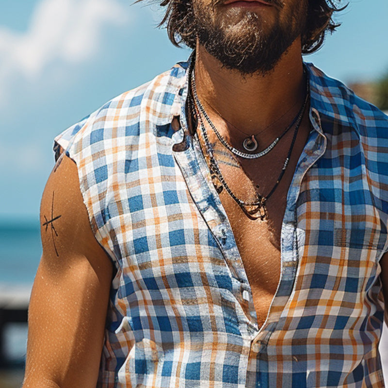 Heren Casual Aquaman Geruit Mouwloos Tanktop Met Reverskraag 07741703TO