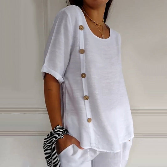 Marietta - Damesblouse met ronde hals en knopen aan de zijkant