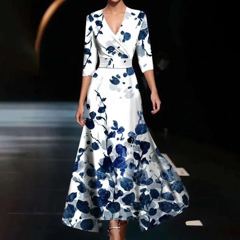 Emily - Bedrucktes Midi-Kleid mit hohem Taillenbund und mittellangen Ärmeln