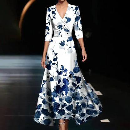 Emily - Bedrucktes Midi-Kleid mit hohem Taillenbund und mittellangen Ärmeln