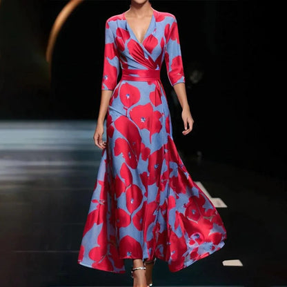 Emily - Bedrucktes Midi-Kleid mit hohem Taillenbund und mittellangen Ärmeln